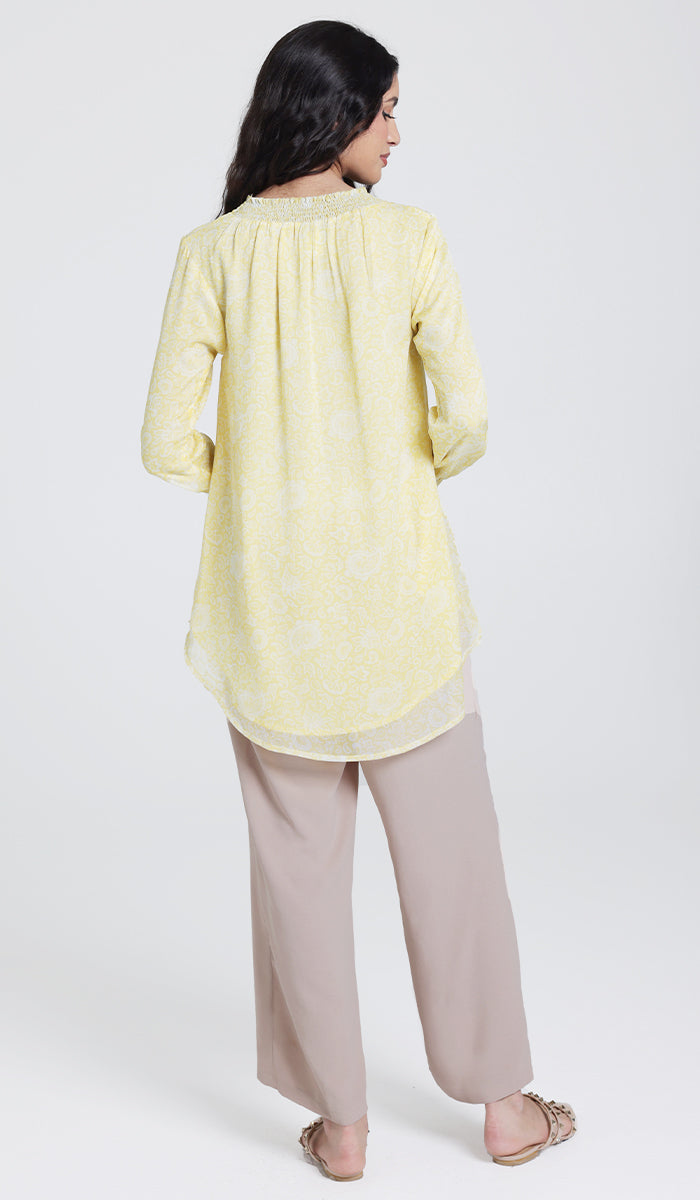 Azadi essential long chiffon print modest tunic yellow.