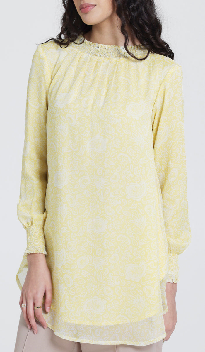 Azadi essential long chiffon print modest tunic yellow.