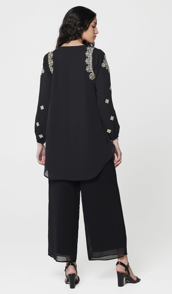 Azmi Gold Embroidered Long Modest Tunic - Black