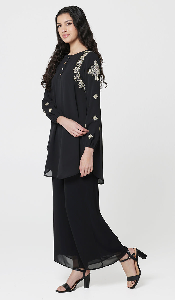 Azmi Gold Embroidered Long Modest Tunic - Black