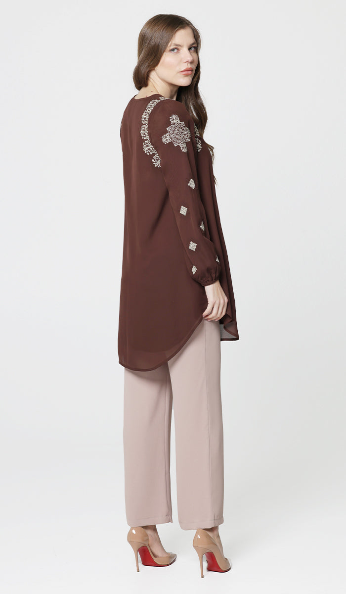 Azmi Gold Embroidered Long Modest Tunic - Cocoa