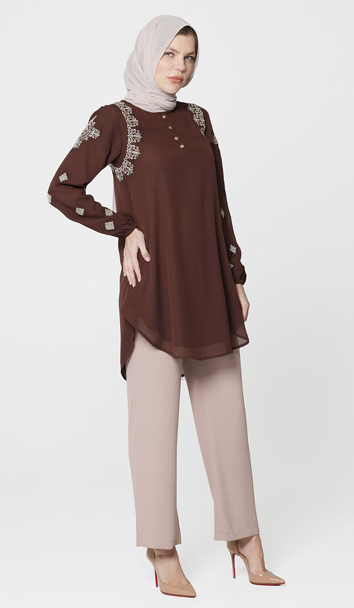 Azmi Gold Embroidered Long Modest Tunic - Cocoa