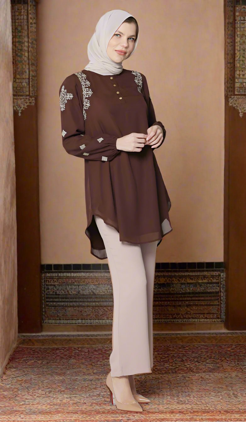 Azmi Gold Embroidered Long Modest Tunic - Cocoa