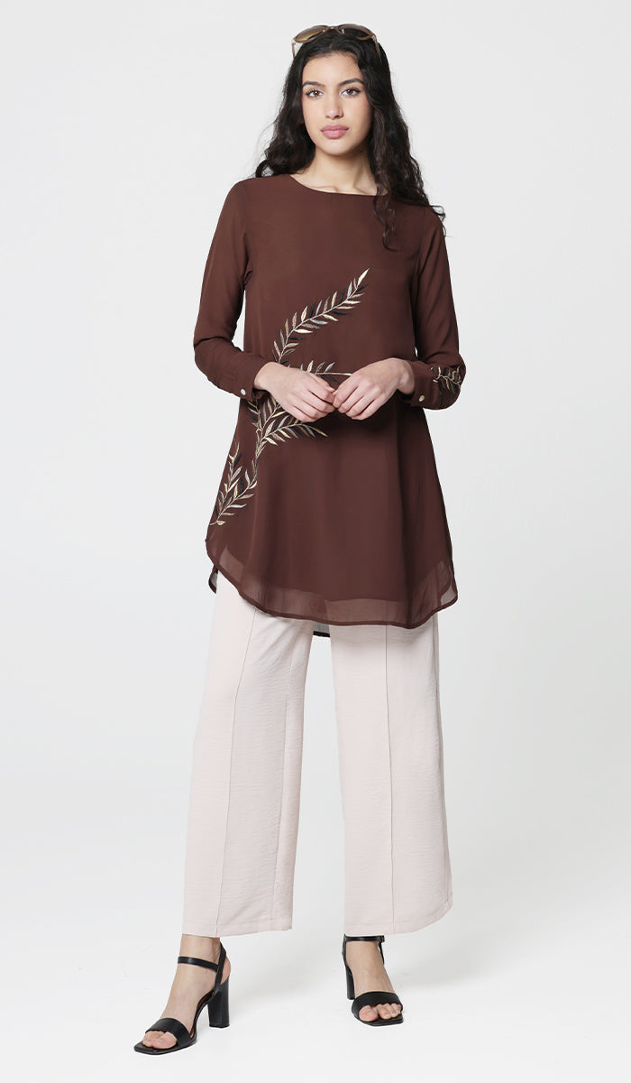 Baraka Gold Embroidered Formal Long Modest Tunic - Cocoa - PREORDER (ships in 2 weeks)