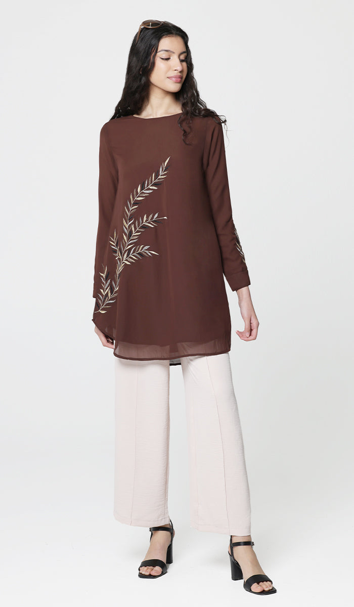 Baraka Gold Embroidered Formal Long Modest Tunic - Cocoa - PREORDER (ships in 2 weeks)