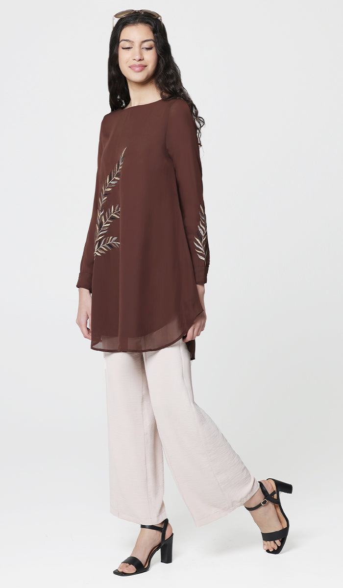 Baraka Gold Embroidered Formal Long Modest Tunic - Cocoa - PREORDER (ships in 2 weeks)