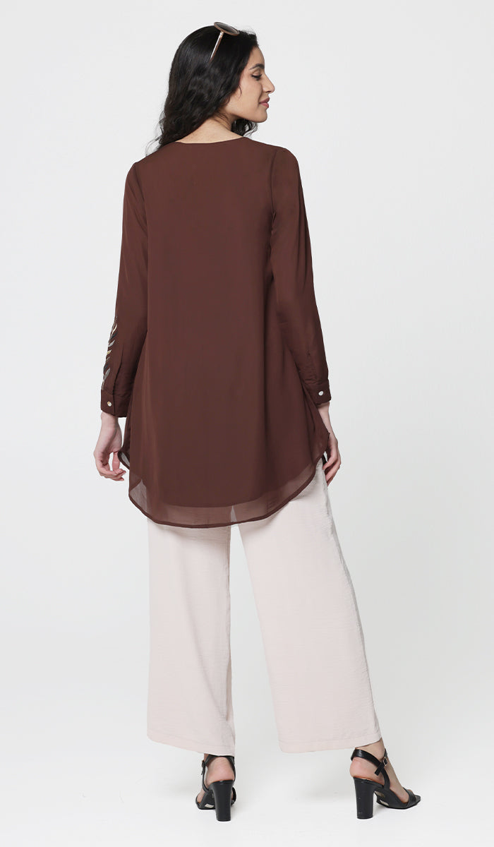 Baraka Gold Embroidered Formal Long Modest Tunic - Cocoa - PREORDER (ships in 2 weeks)