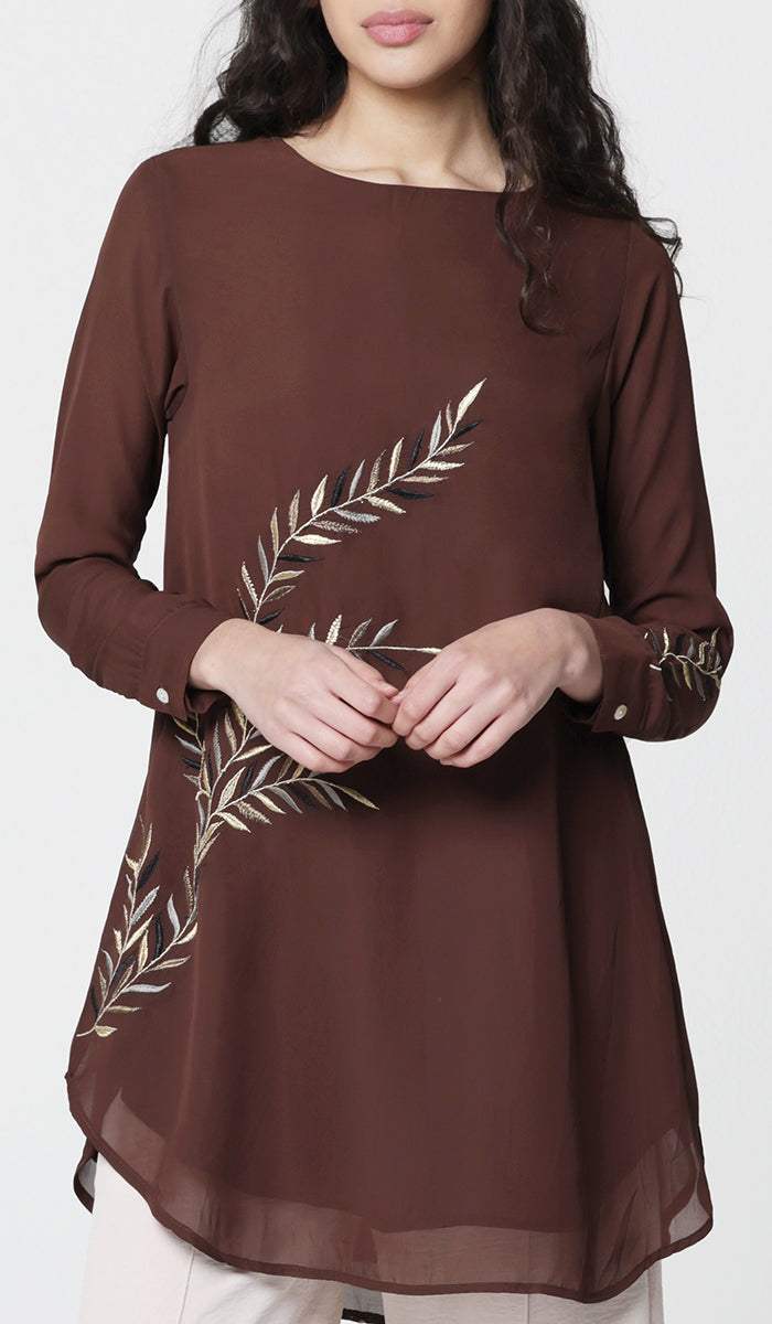 Baraka Gold Embroidered Formal Long Modest Tunic - Cocoa - PREORDER (ships in 2 weeks)