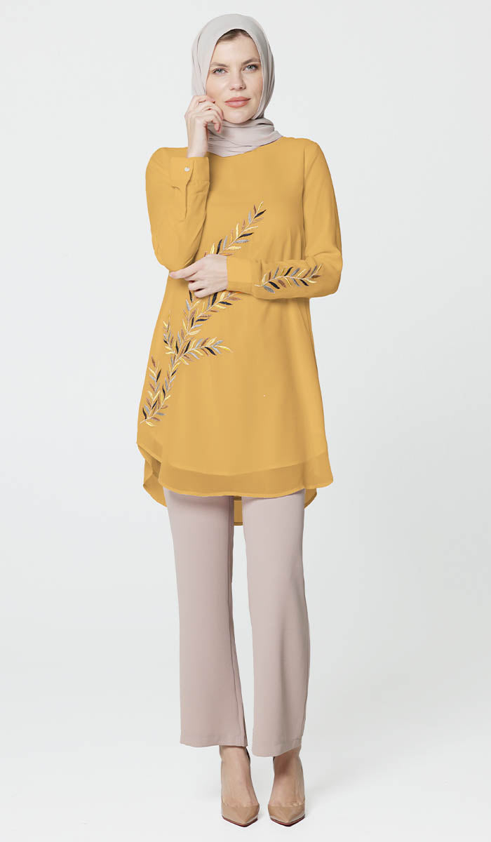 Baraka Gold Embroidered Formal Long Modest Tunic - Saffron