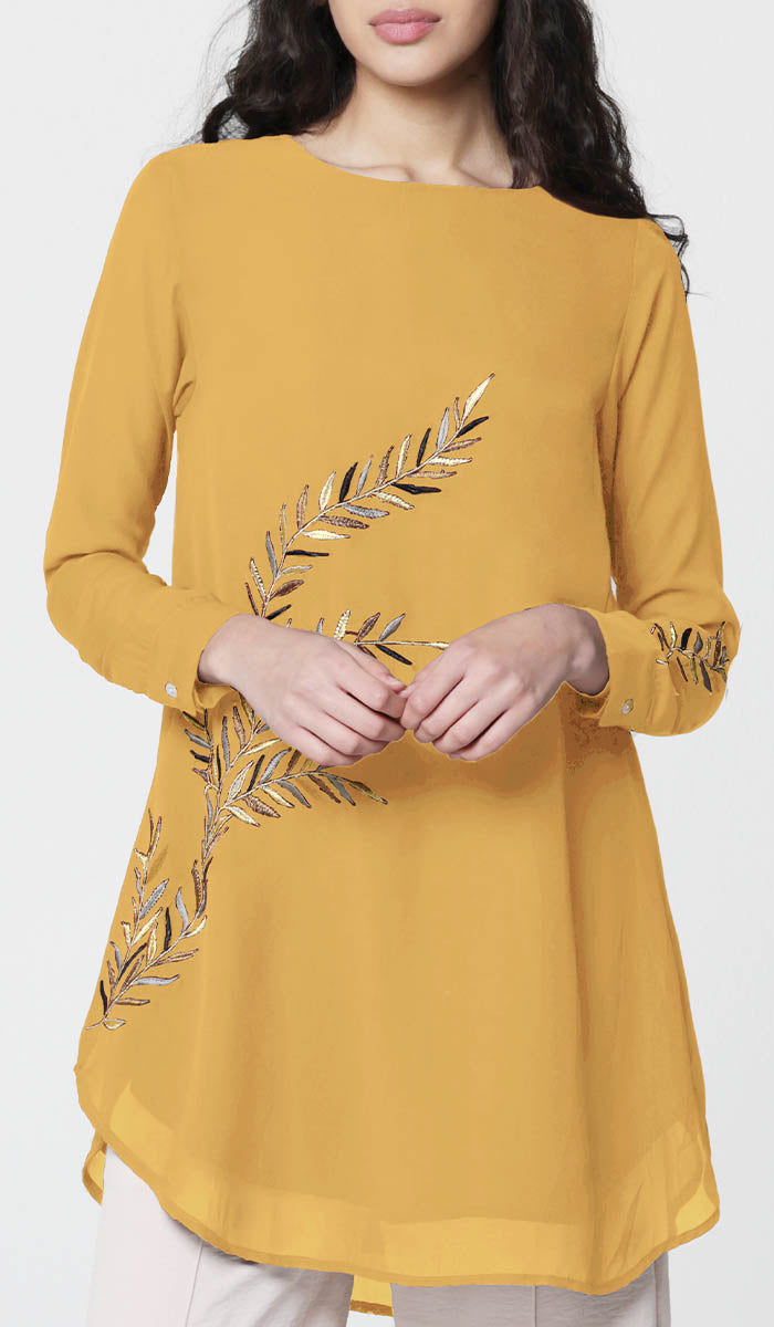 Baraka Gold Embroidered Formal Long Modest Tunic - Saffron - PREORDER (ships in 2 weeks)