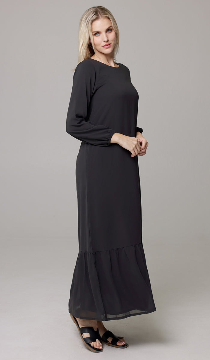 Batool Modest Chiffon Long Maxi Dress - Black - PREORDER (ships in 2 weeks)