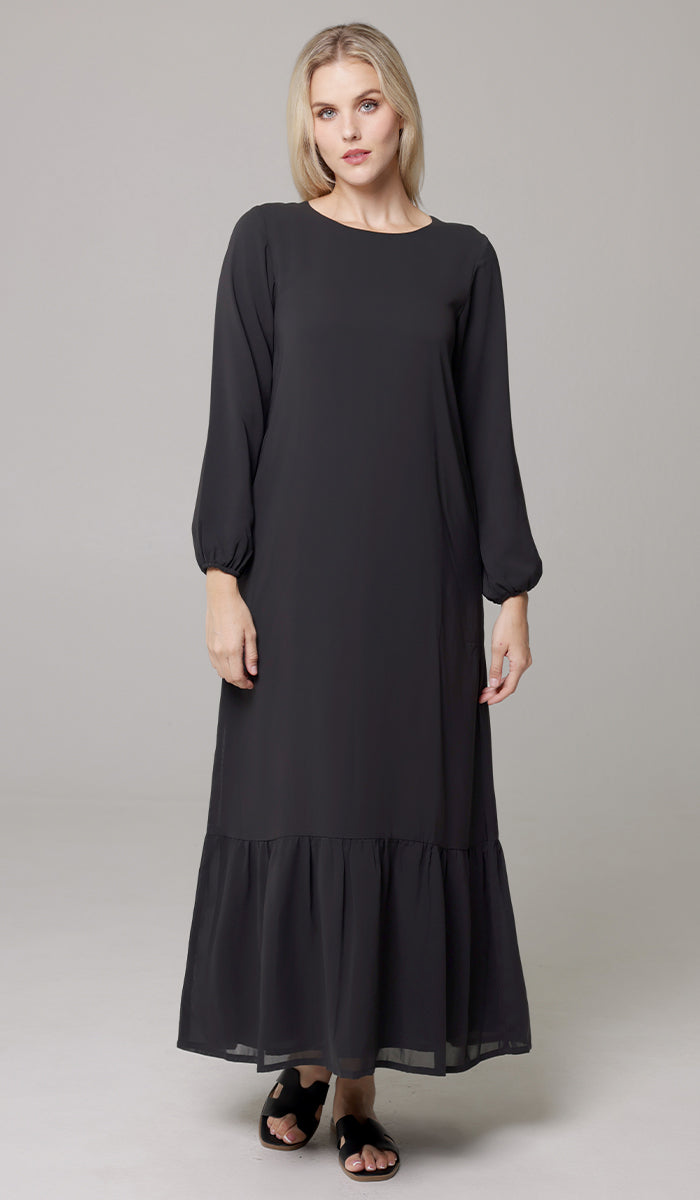 Batool Modest Chiffon Long Maxi Dress - Black - PREORDER (ships in 2 weeks)