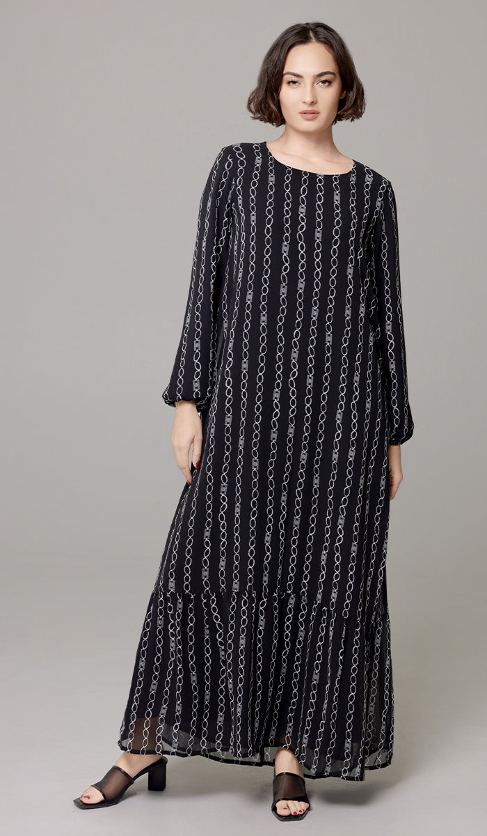 Batool Print Chiffon Modest Long Maxi Dress - Black/White - PREORDER (ships in 2 weeks)