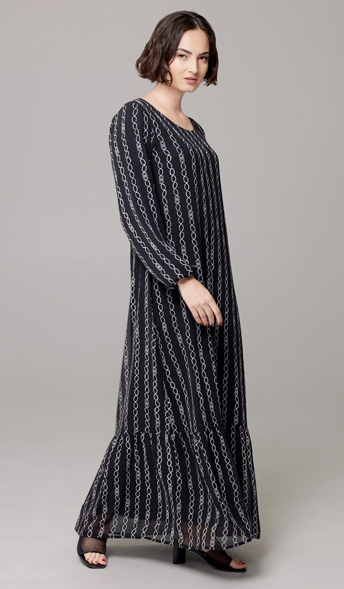 Batool Print Chiffon Modest Long Maxi Dress - Black/White - PREORDER (ships in 2 weeks)