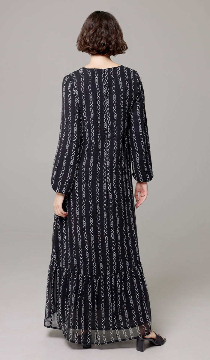 Batool Print Chiffon Modest Long Maxi Dress - Black/White - PREORDER (ships in 2 weeks)