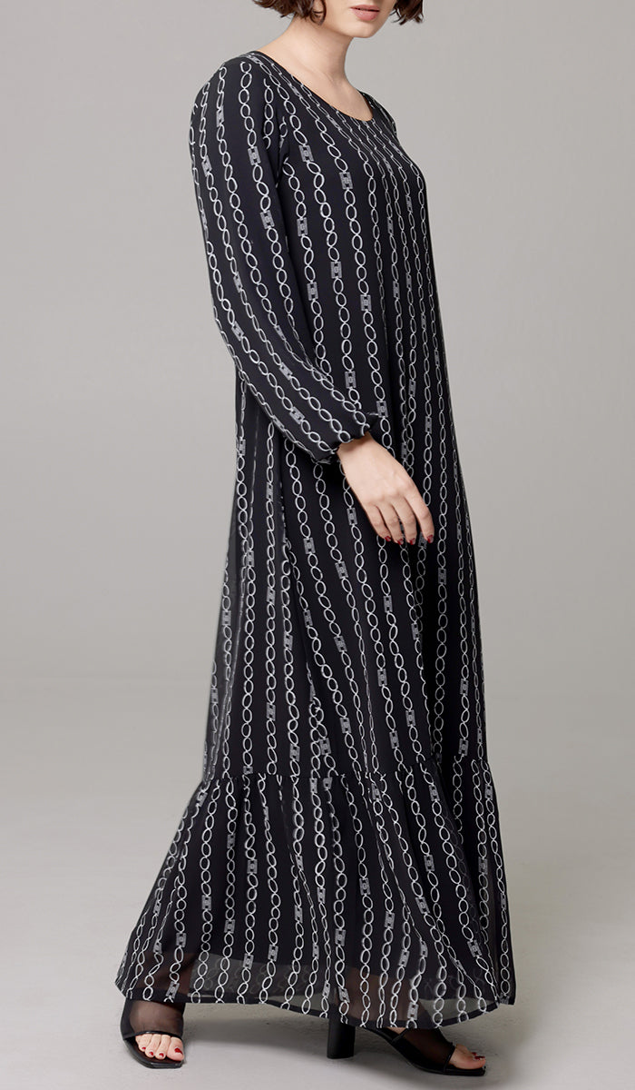 Batool Print Chiffon Modest Long Maxi Dress - Black/White - PREORDER (ships in 2 weeks)