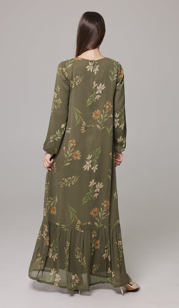 Back view of Batool dress in Olive. 