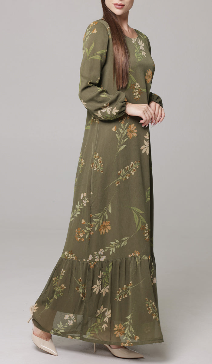 Side view of woman wearing Batool maxi dress in Olive. 