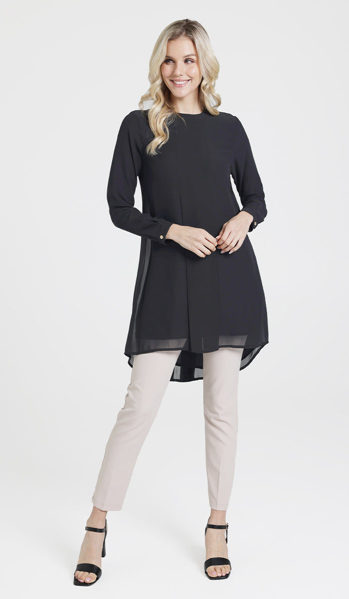 Reem Pleated Chiffon Long Tunic - Black - Final Sale