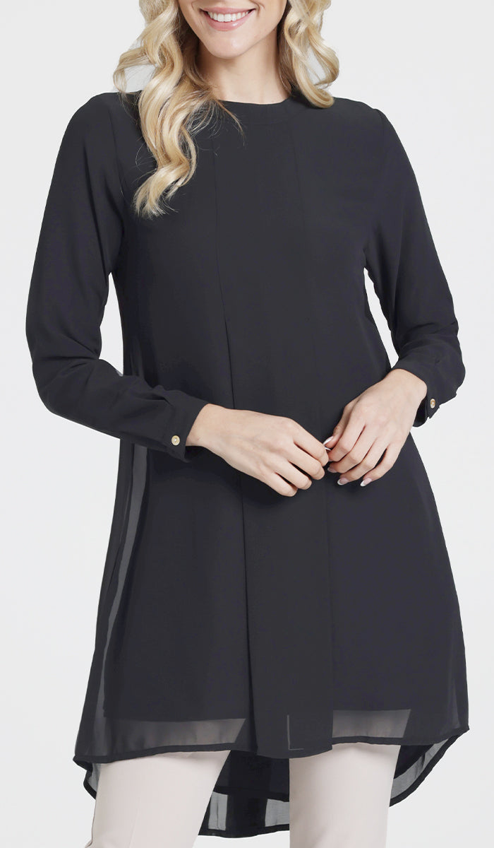 Reem Pleated Chiffon Long Tunic - Black - Final Sale