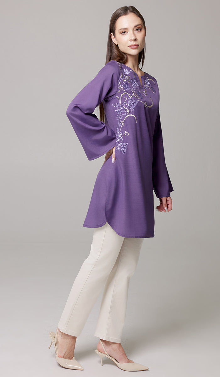 Dena Embroidered Modest Formal Tunic - Iris/Metallic