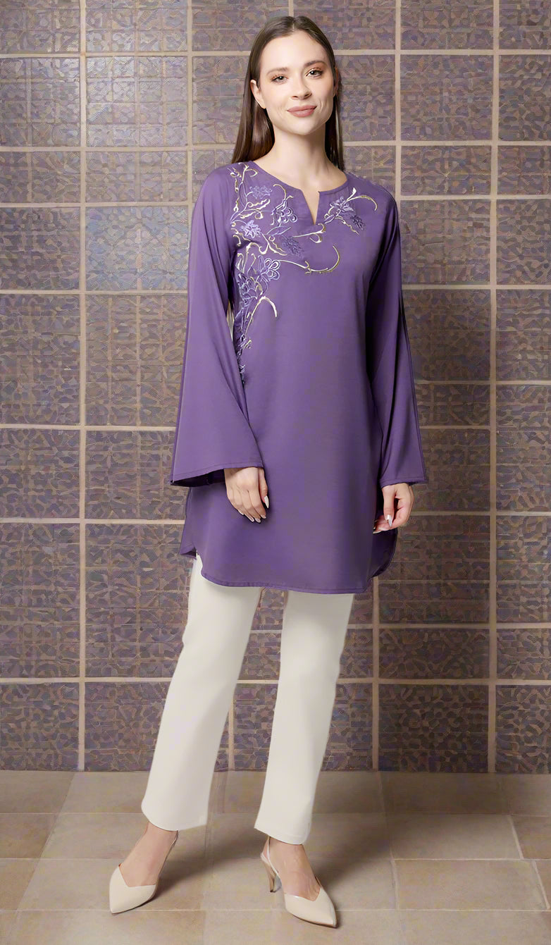 Dena Embroidered Modest Formal Tunic - Iris/Metallic