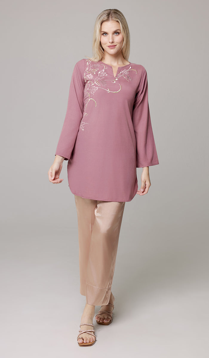 Dena Embroidered Modest Formal Tunic - Mauve/Metallic - PREORDER (ships in 2 weeks)