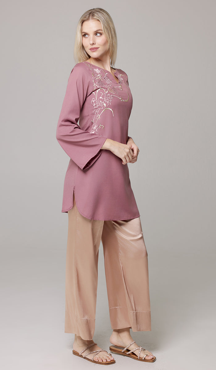 Dena Embroidered Modest Formal Tunic - Mauve/Metallic - PREORDER (ships in 2 weeks)