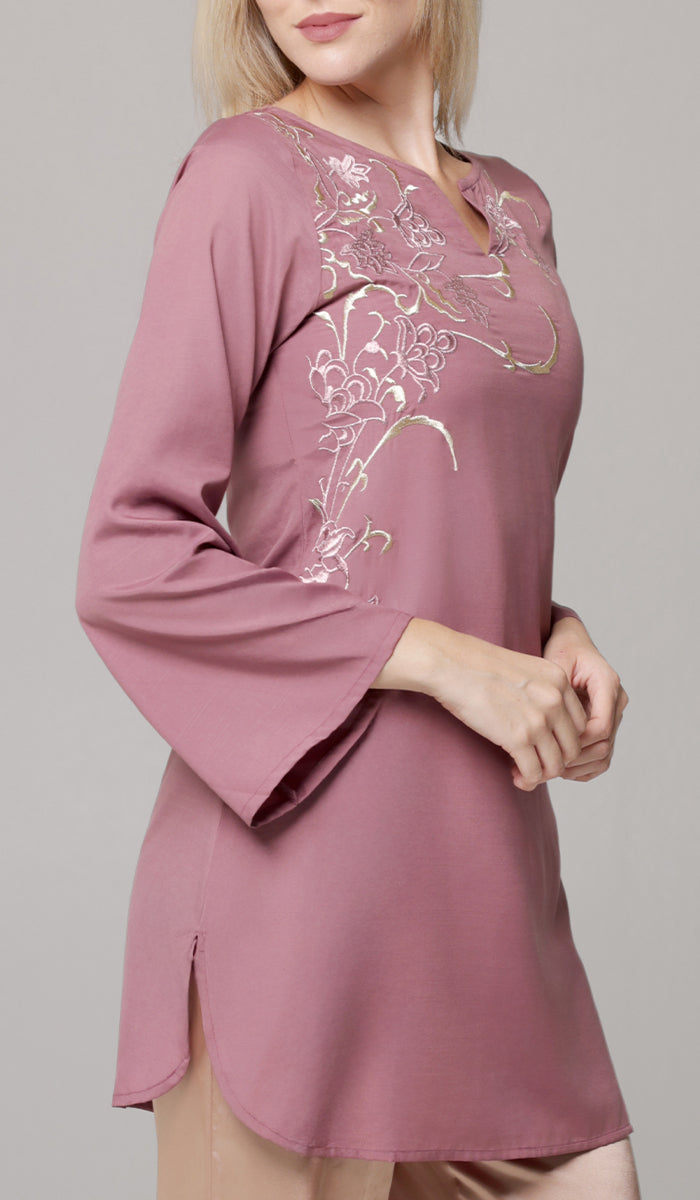 Dena Embroidered Modest Formal Tunic - Mauve/Metallic - PREORDER (ships in 2 weeks)