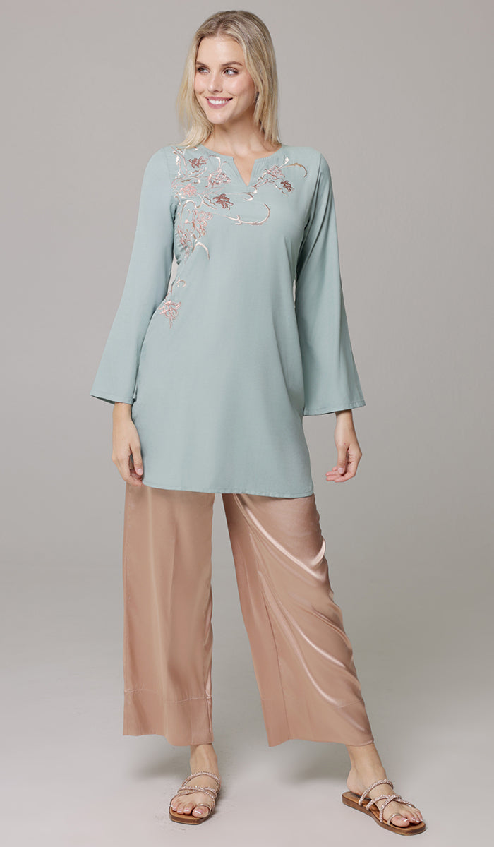 Dena Embroidered Modest Formal Tunic - Sage/Metallic- PREORDER (ships in 2 weeks)