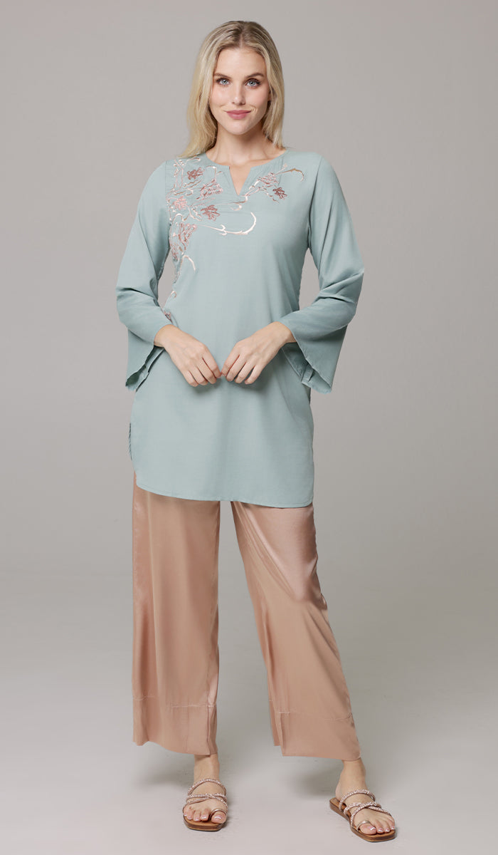 Dena Embroidered Modest Formal Tunic - Sage/Metallic- PREORDER (ships in 2 weeks)