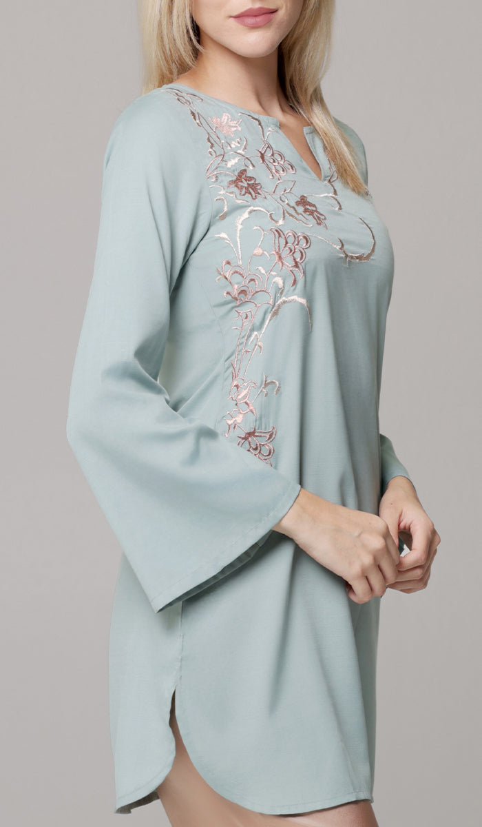 Dena Embroidered Modest Formal Tunic - Sage/Metallic- PREORDER (ships in 2 weeks)