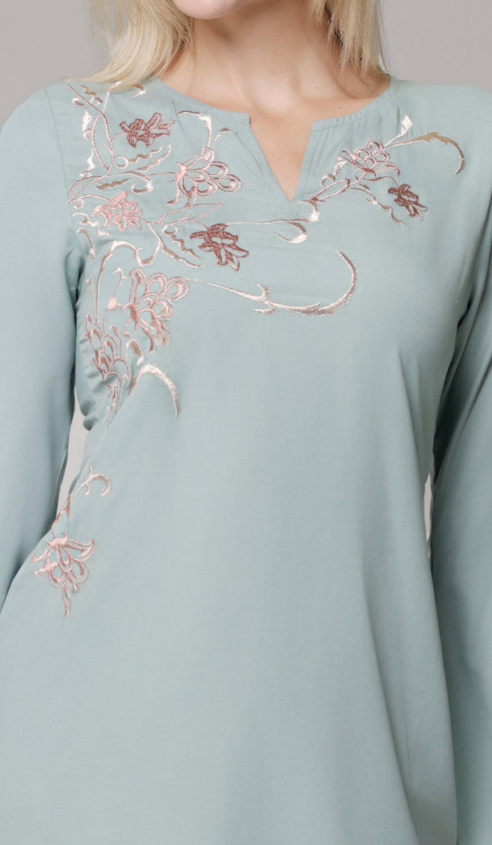 Dena Embroidered Modest Formal Tunic - Sage/Metallic- PREORDER (ships in 2 weeks)