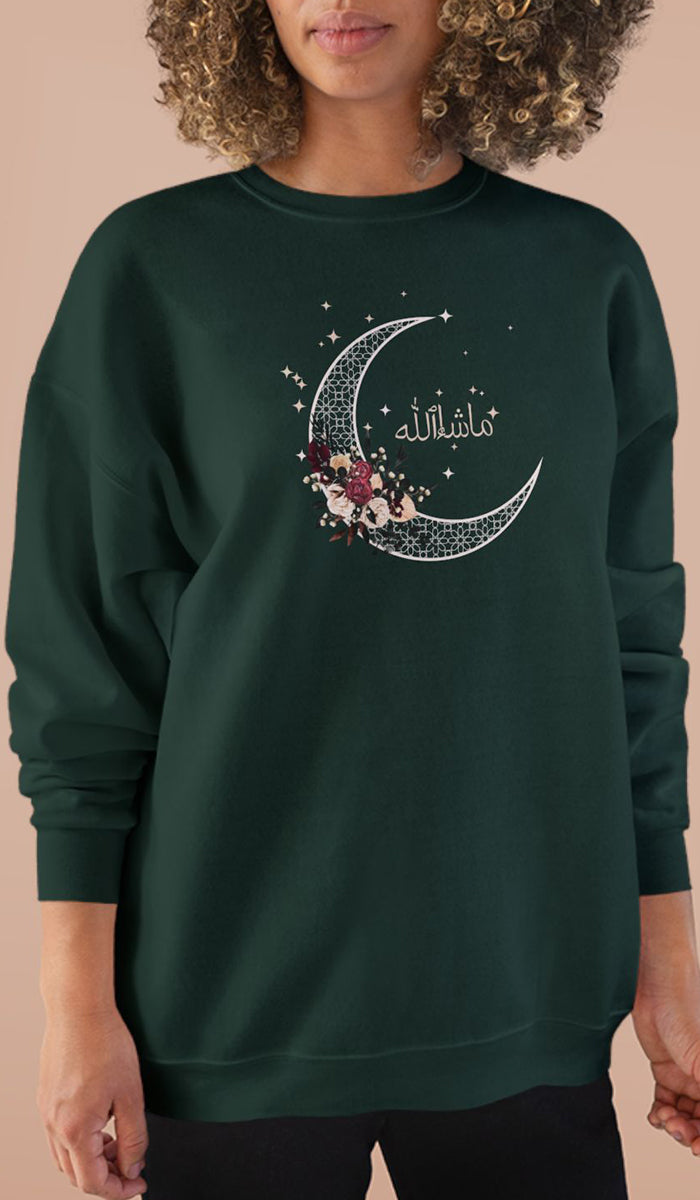 Eco-Friendly Antique Rose Arabic Calligraphy Crewneck Pullover Sweatshirt - Masha Allah (Praise)