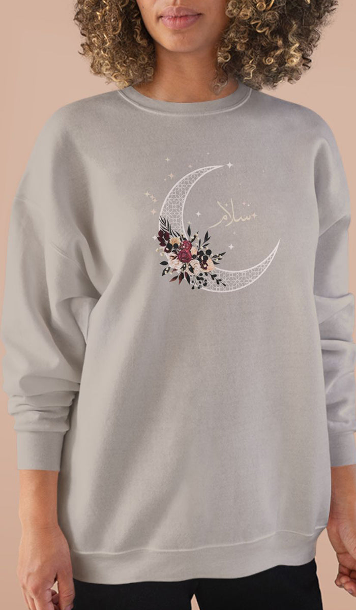 Eco-Friendly Antique Rose Arabic Calligraphy Crewneck Pullover Sweatshirt - Salam (Peace)