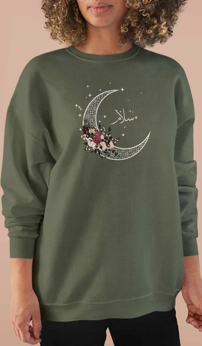 Eco-Friendly Antique Rose Arabic Calligraphy Crewneck Pullover Sweatshirt - Salam (Peace)