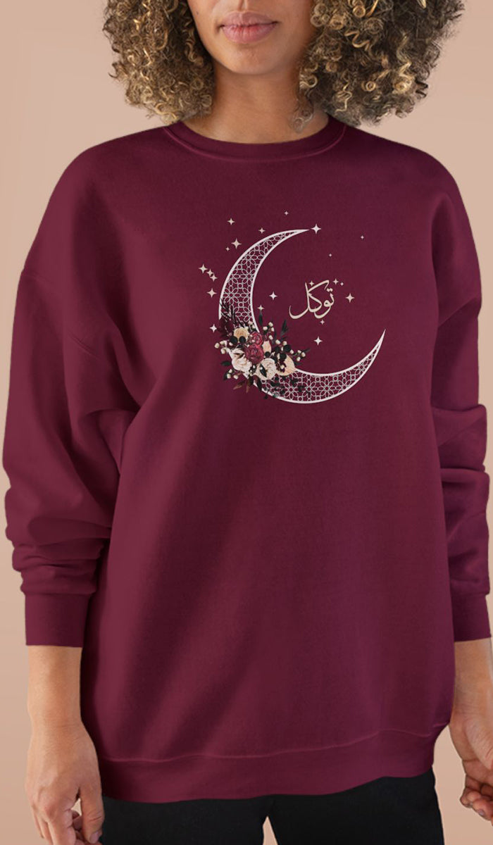 Eco-Friendly Antique Rose Arabic Calligraphy Crewneck Pullover Sweatshirt - Tawakkal (Trust)