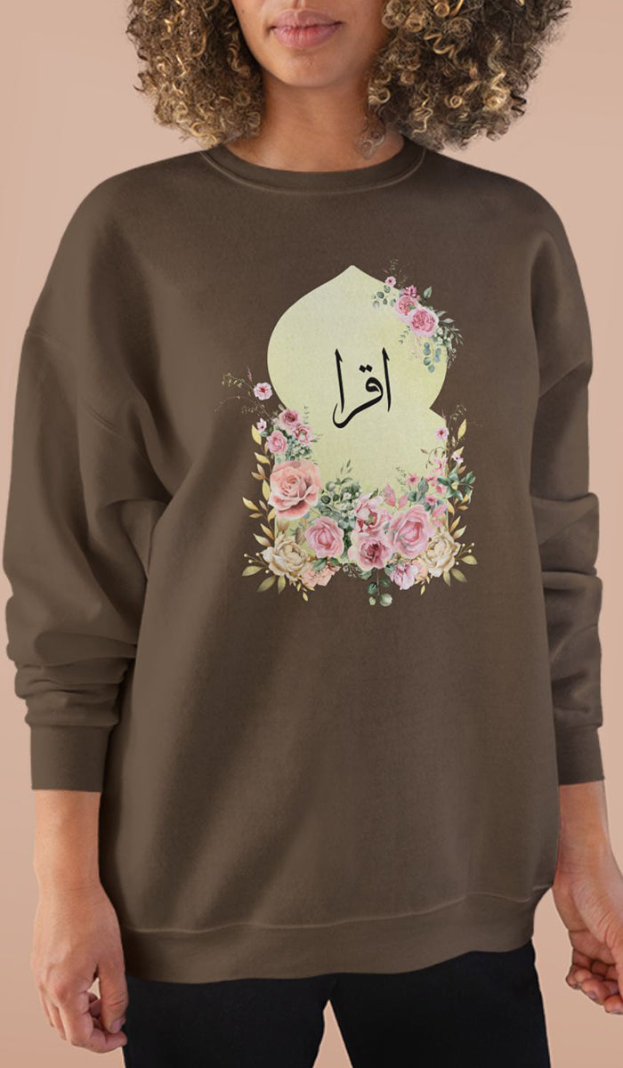 Eco-Friendly Damask Rose Arabic Calligraphy Crewneck Pullover Sweatshirt - Iqra (Read)