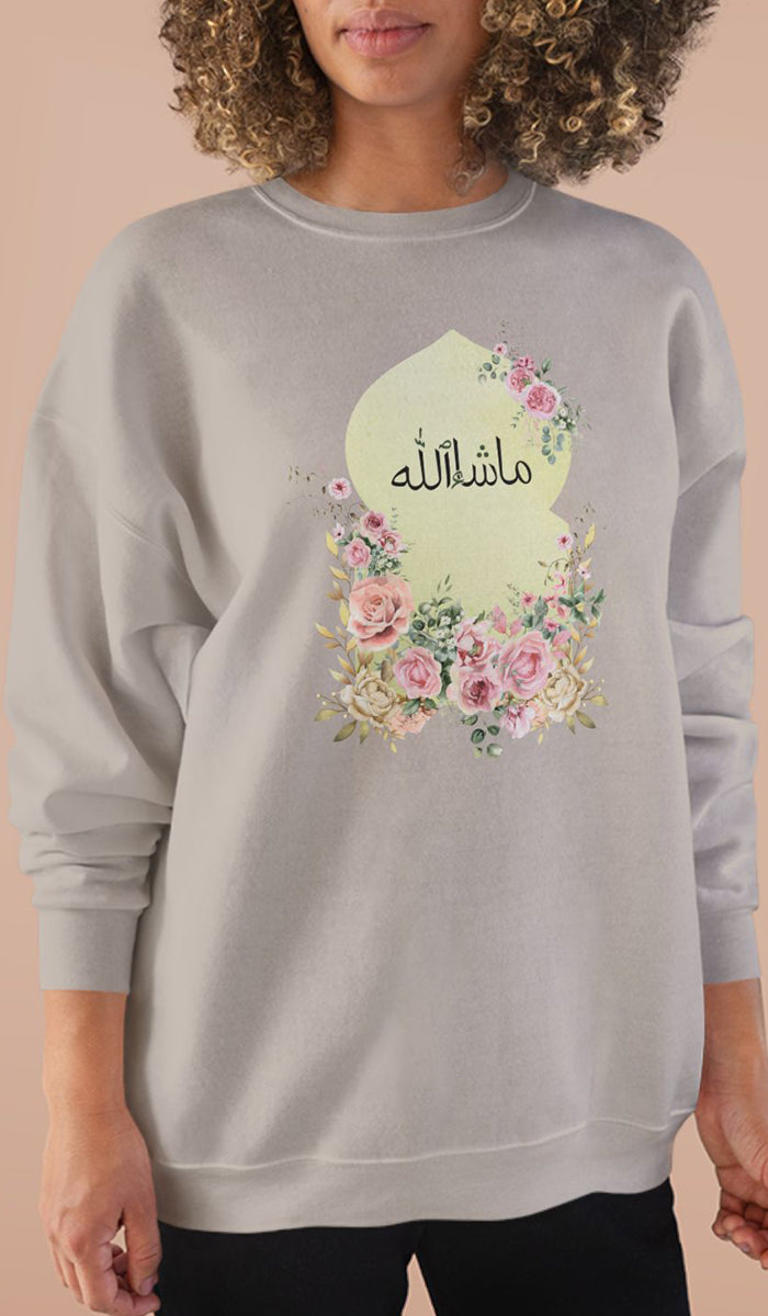 Eco-Friendly Damask Rose Arabic Calligraphy Crewneck Pullover Sweatshirt - Masha Allah (Praise)