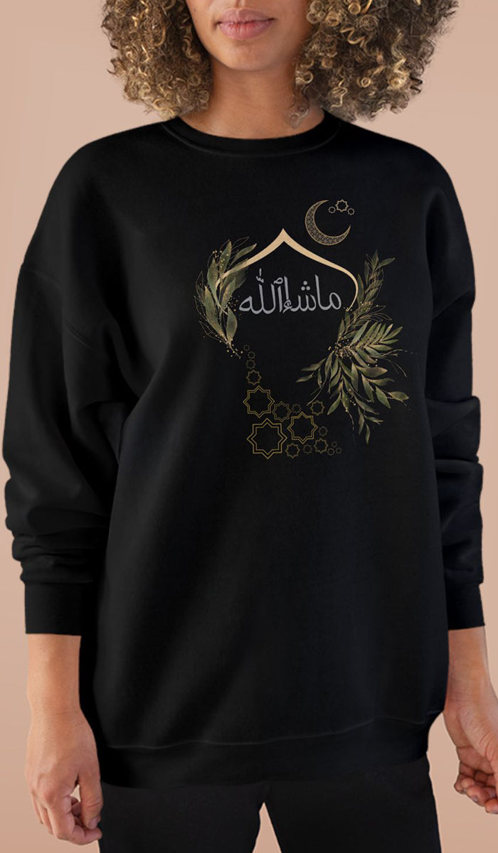 Eco-Friendly Olive and Crescent Arabic Calligraphy Crewneck Pullover Sweatshirt - Masha  Allah (Praise)