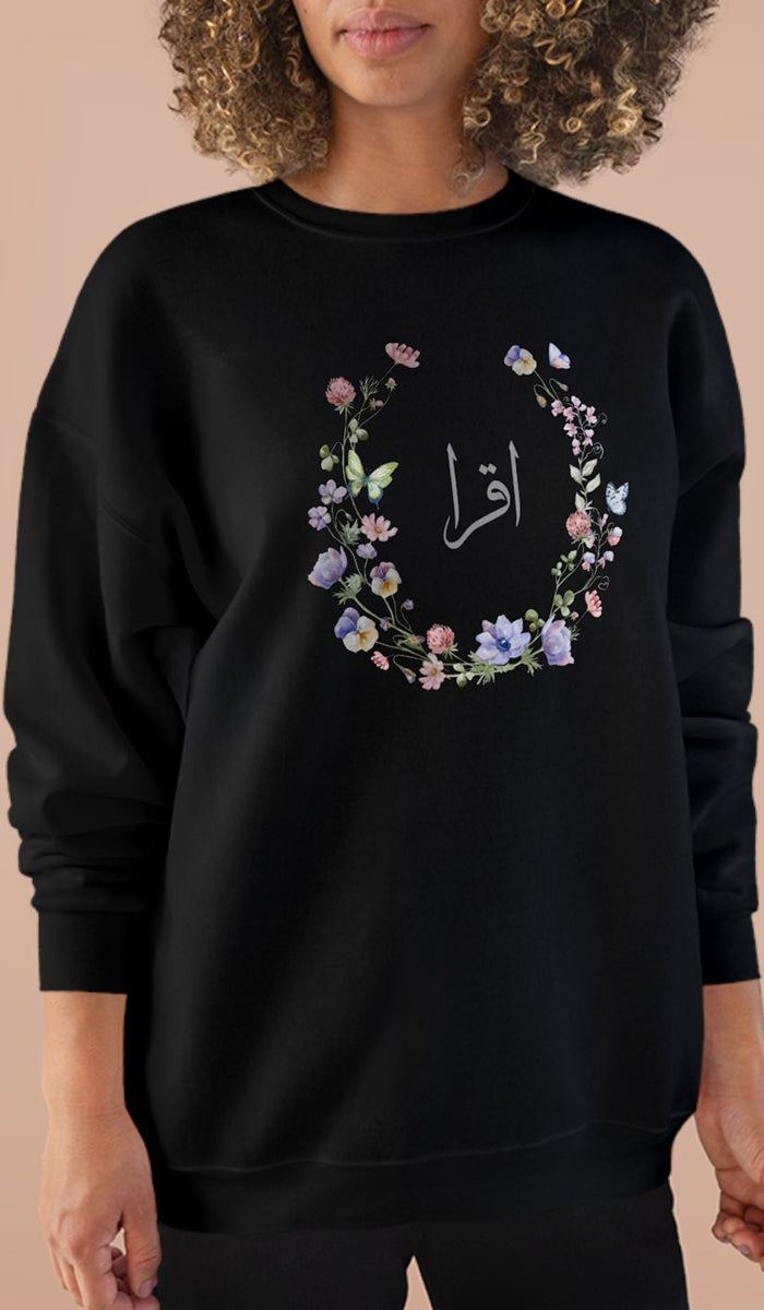 Eco-Friendly Wildflowers Arabic Calligraphy Crewneck Pullover Sweatshirt - Iqra (Read)