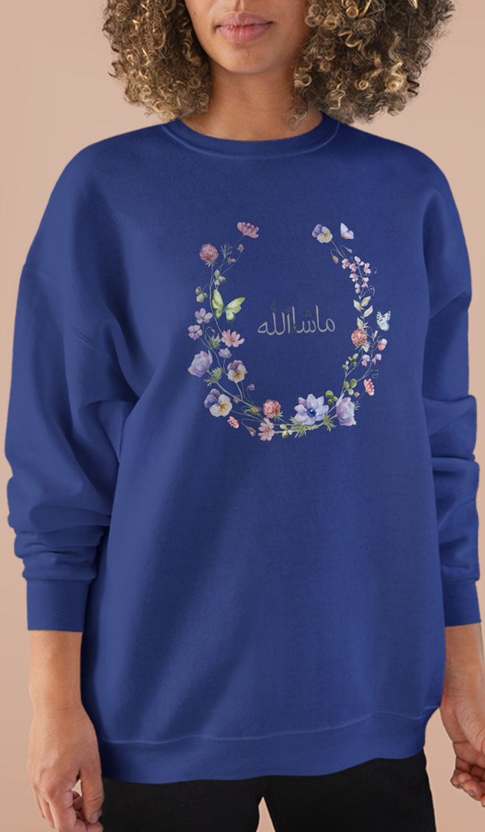 Eco-Friendly Wildflowers Arabic Calligraphy Crewneck Pullover Sweatshirt - Masha Allah (Praise)