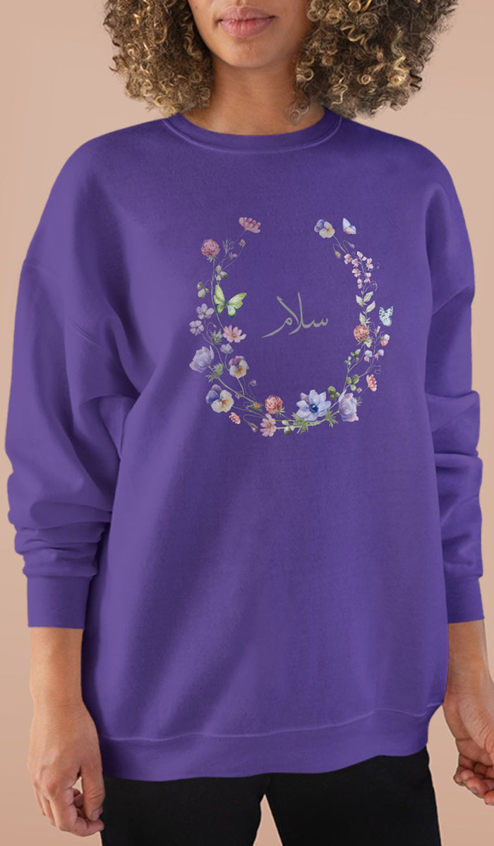 Eco-Friendly Wildflowers Arabic Calligraphy Crewneck Pullover Sweatshirt - Salam (Peace)