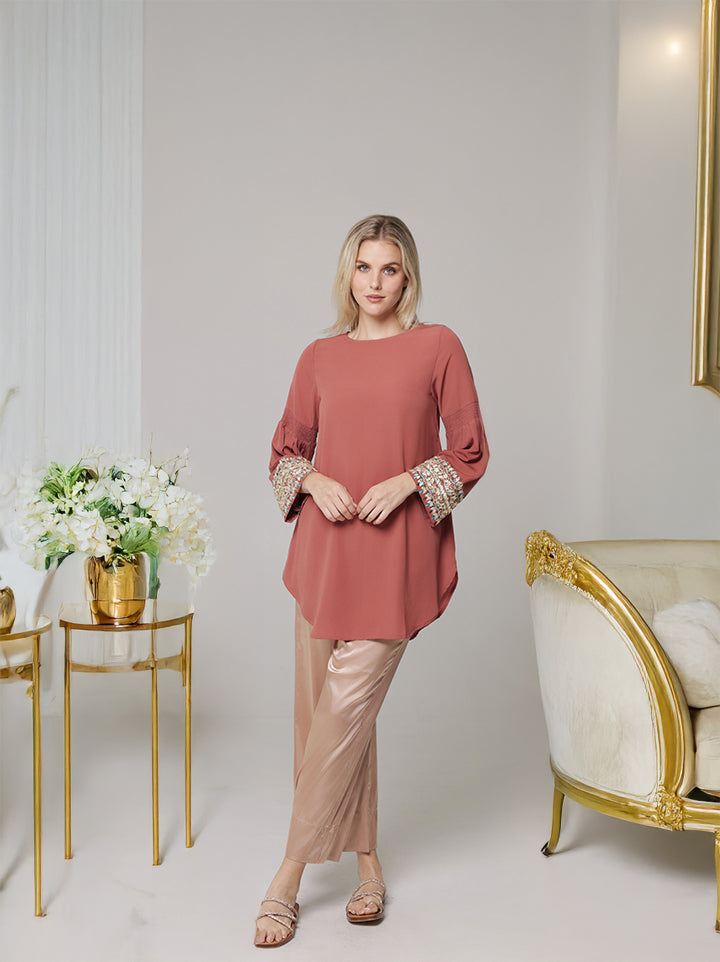 Esme Gold Embellished Formal Long Modest Tunic - Rose