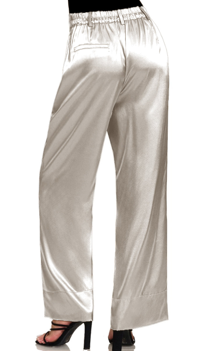 Eva Loose Stretch Wide Leg Silky Pants - Silver