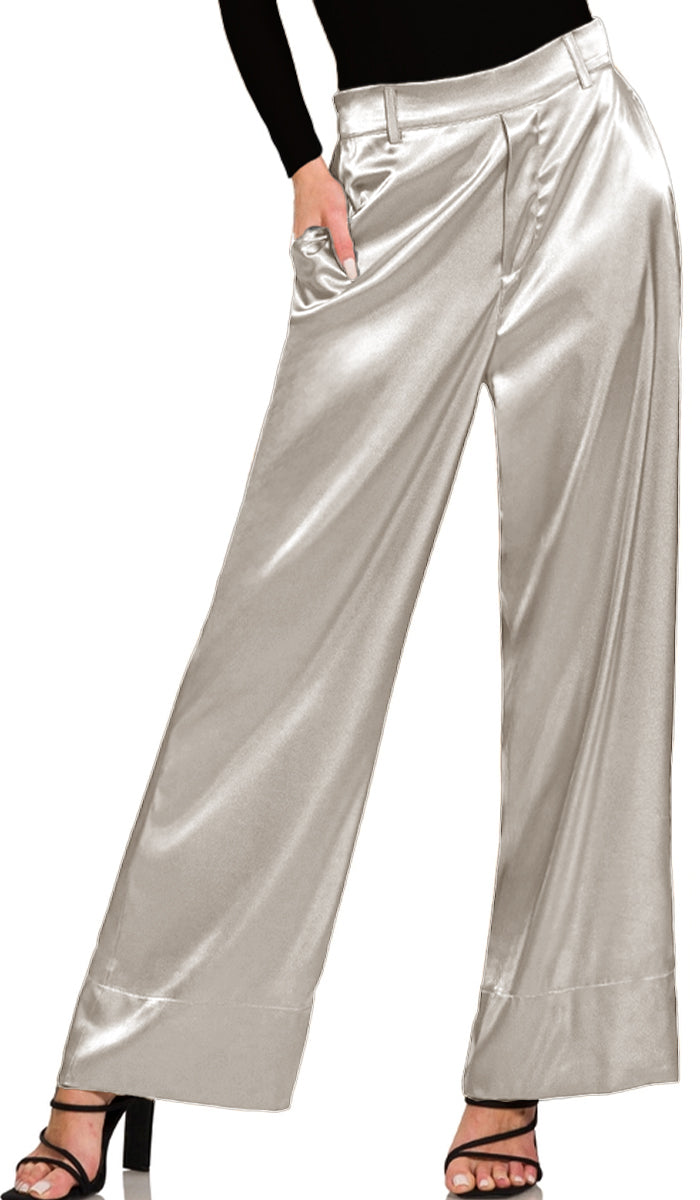 Eva Loose Stretch Wide Leg Silky Pants - Silver