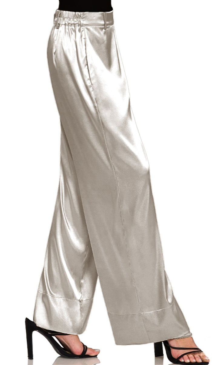 Eva Loose Stretch Wide Leg Silky Pants - Silver