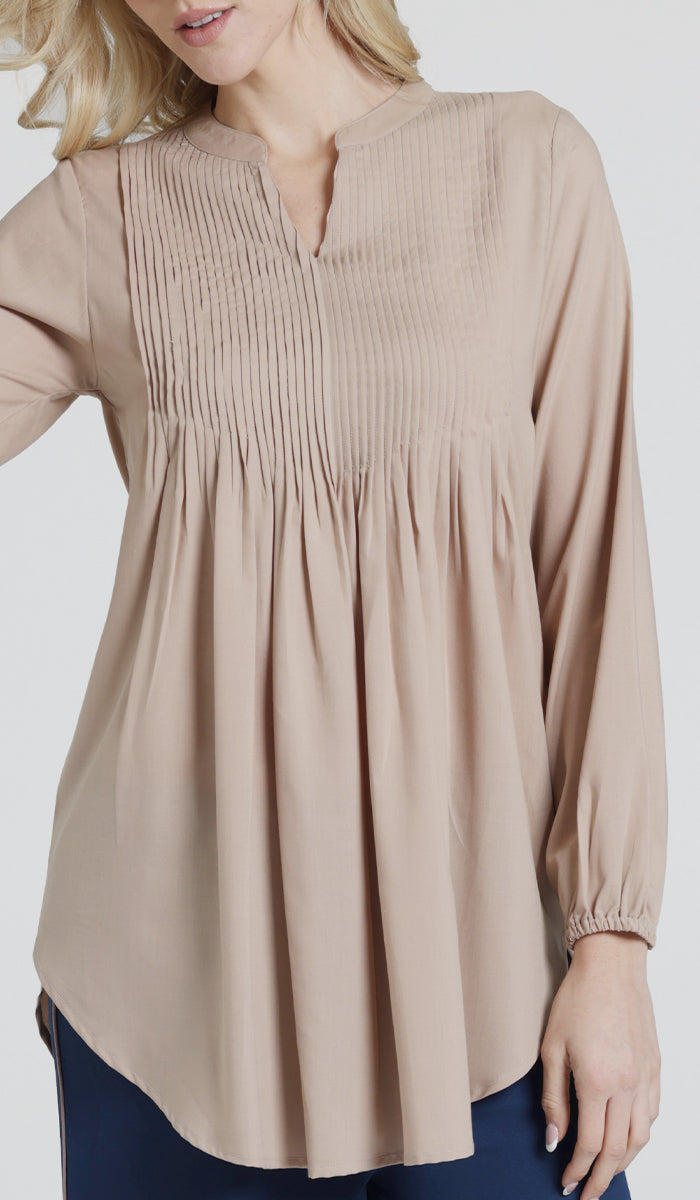 Gigi Mostly Cotton Pleated Front Tunic Dress - Mocha