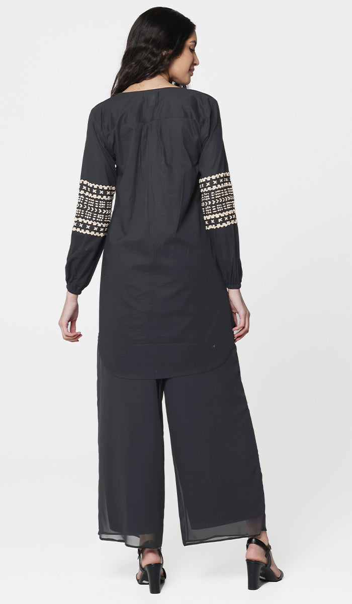 Hadiza Embroidered Cotton Modest Tunic - Black- Final Sale