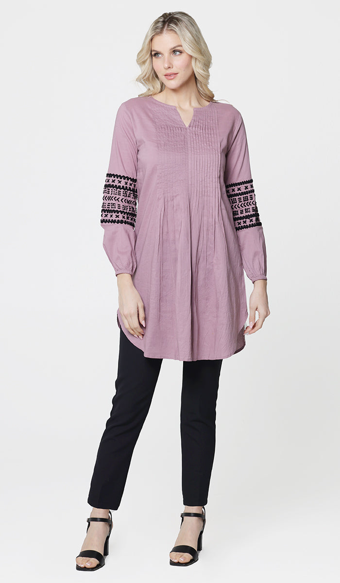 Hadiza Embroidered Cotton Modest Tunic - Dusty Mauve